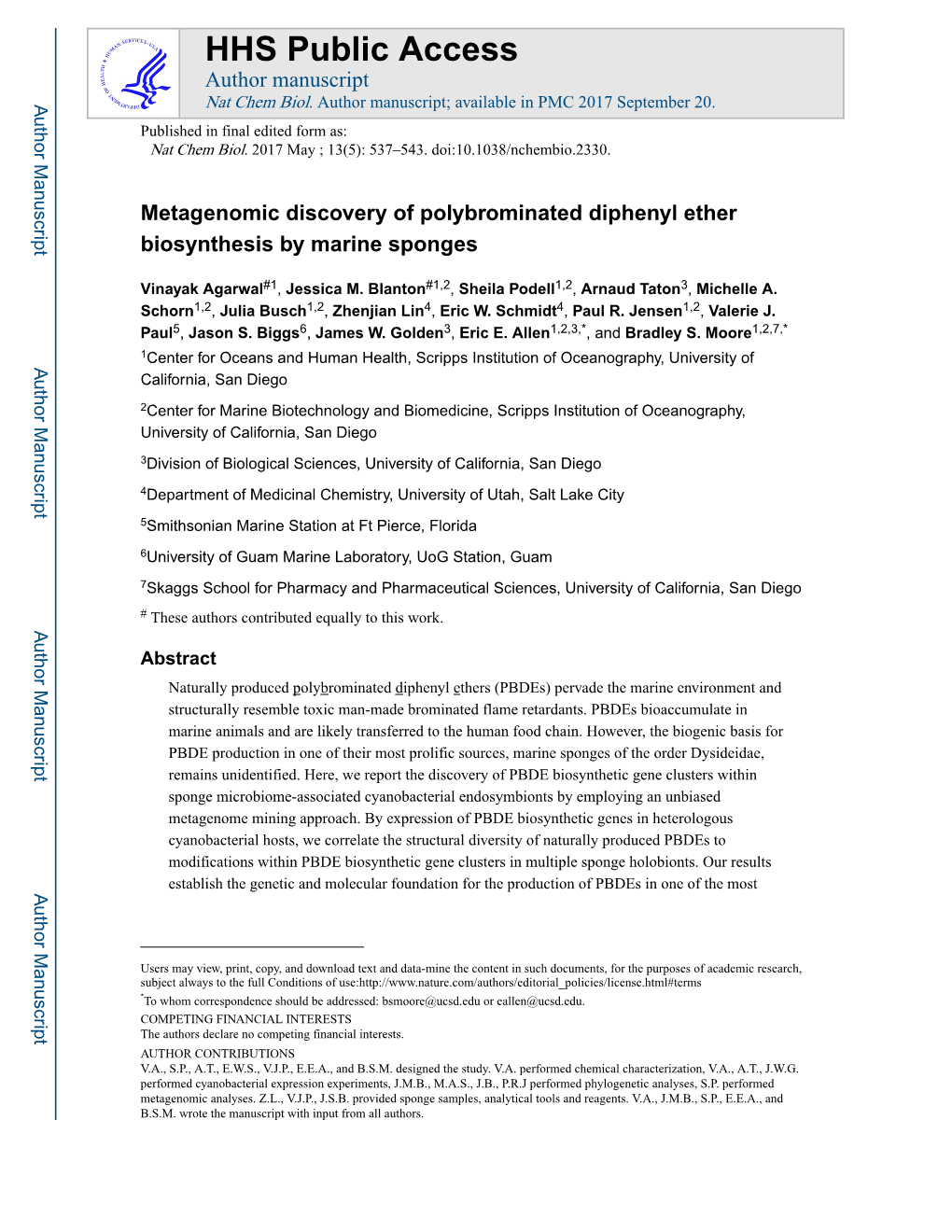 Metagenomic Discovery of Polybrominated Diphenyl Ether Biosynthesis by Marine Sponges