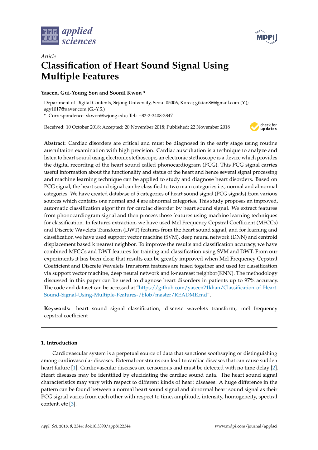 Classification of Heart Sound Signal Using Multiple Features