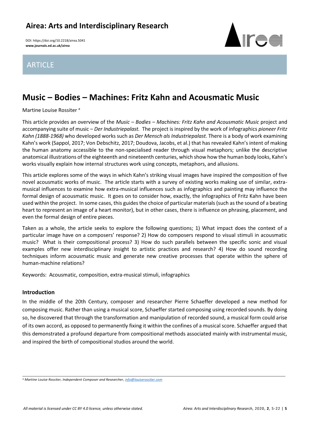 Music – Bodies – Machines: Fritz Kahn and Acousmatic Music Martine Louise Rossiter A