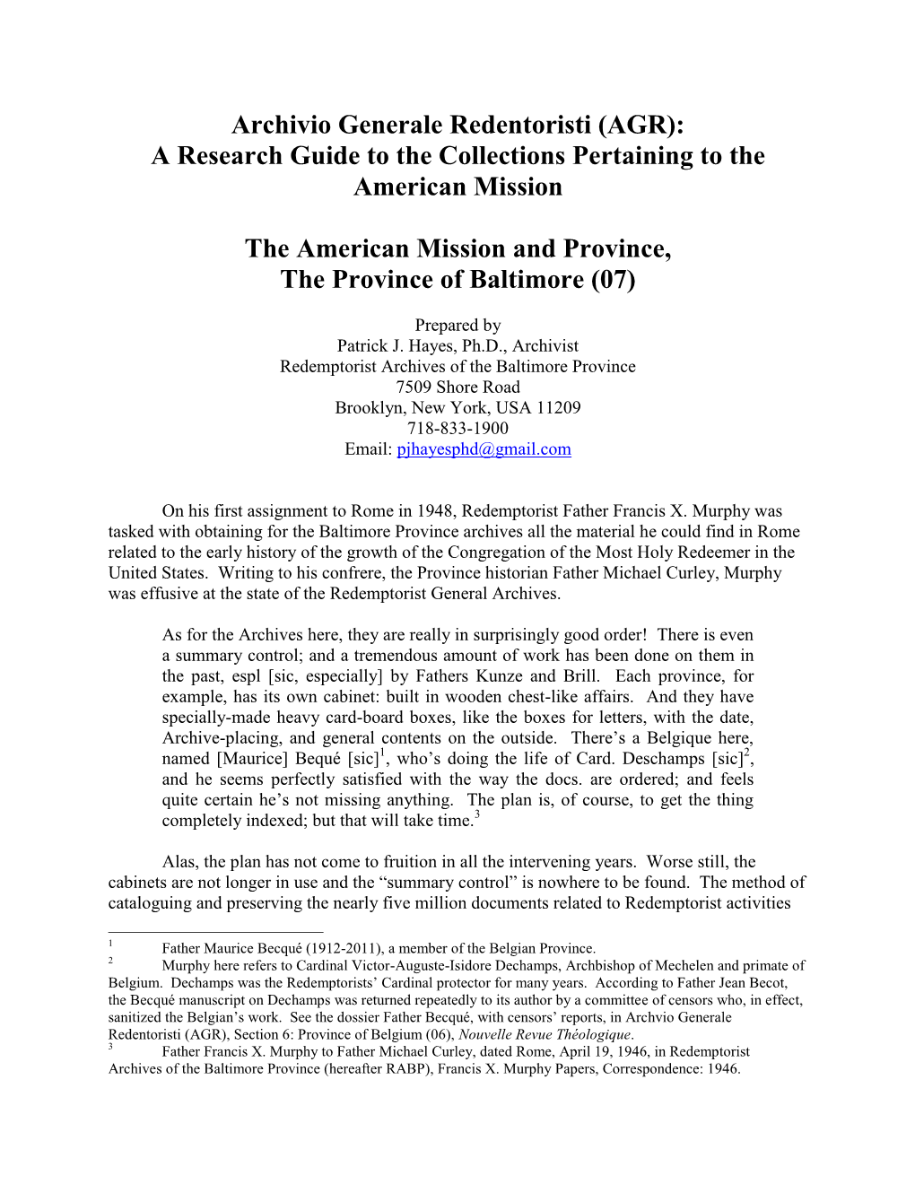 Archivio Generale Redentoristi (AGR): a Research Guide to the Collections Pertaining to the American Mission