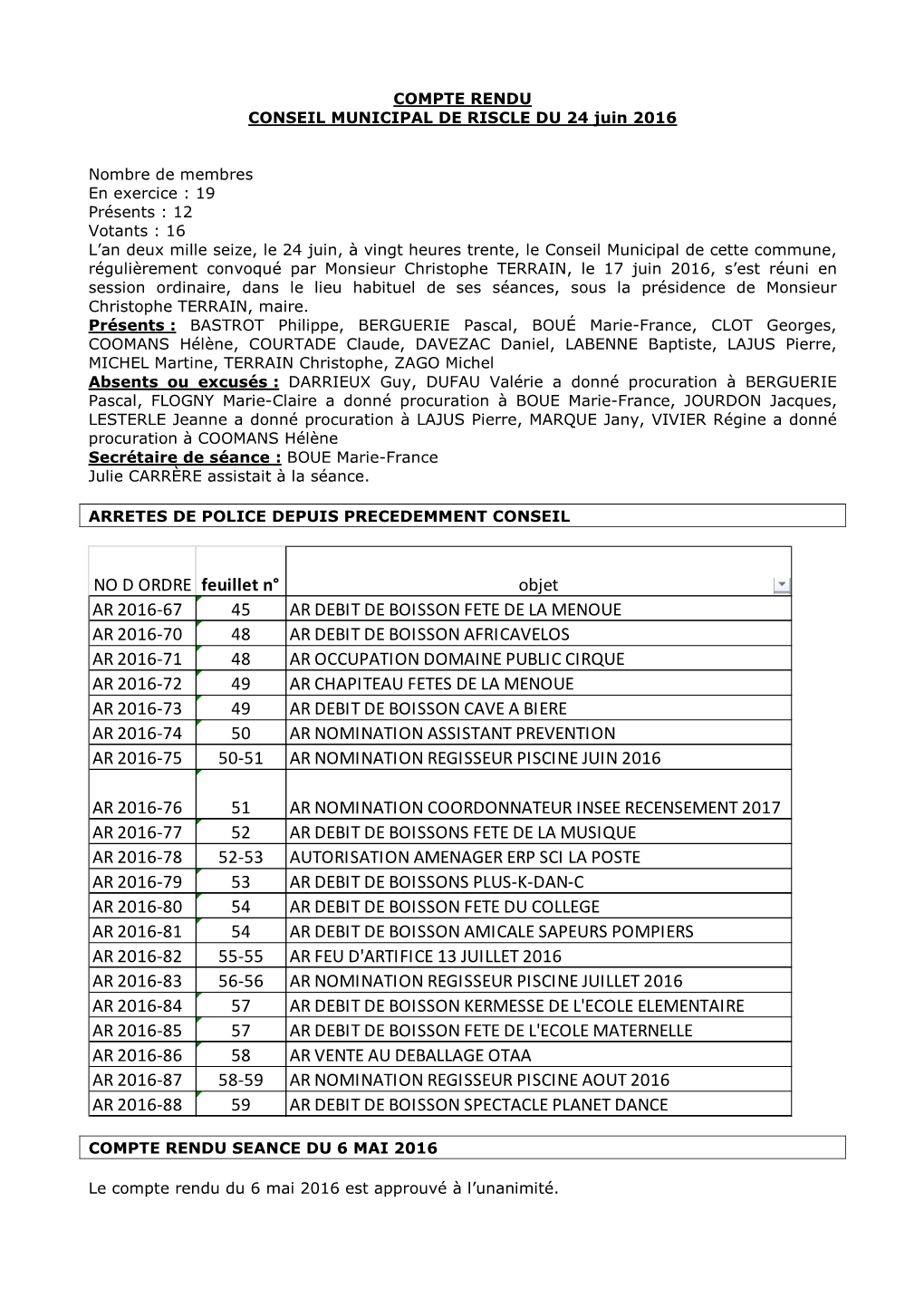 Conseil Municipal Du 24 Juin 2016