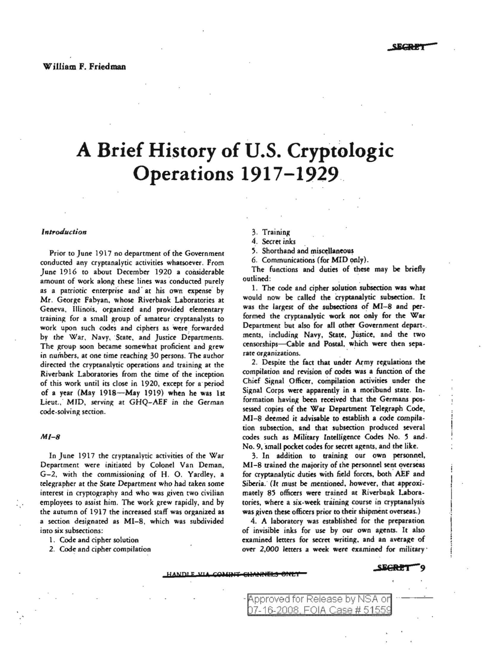 A Brief History of U.S. Cryptologic Operations 1917-1929