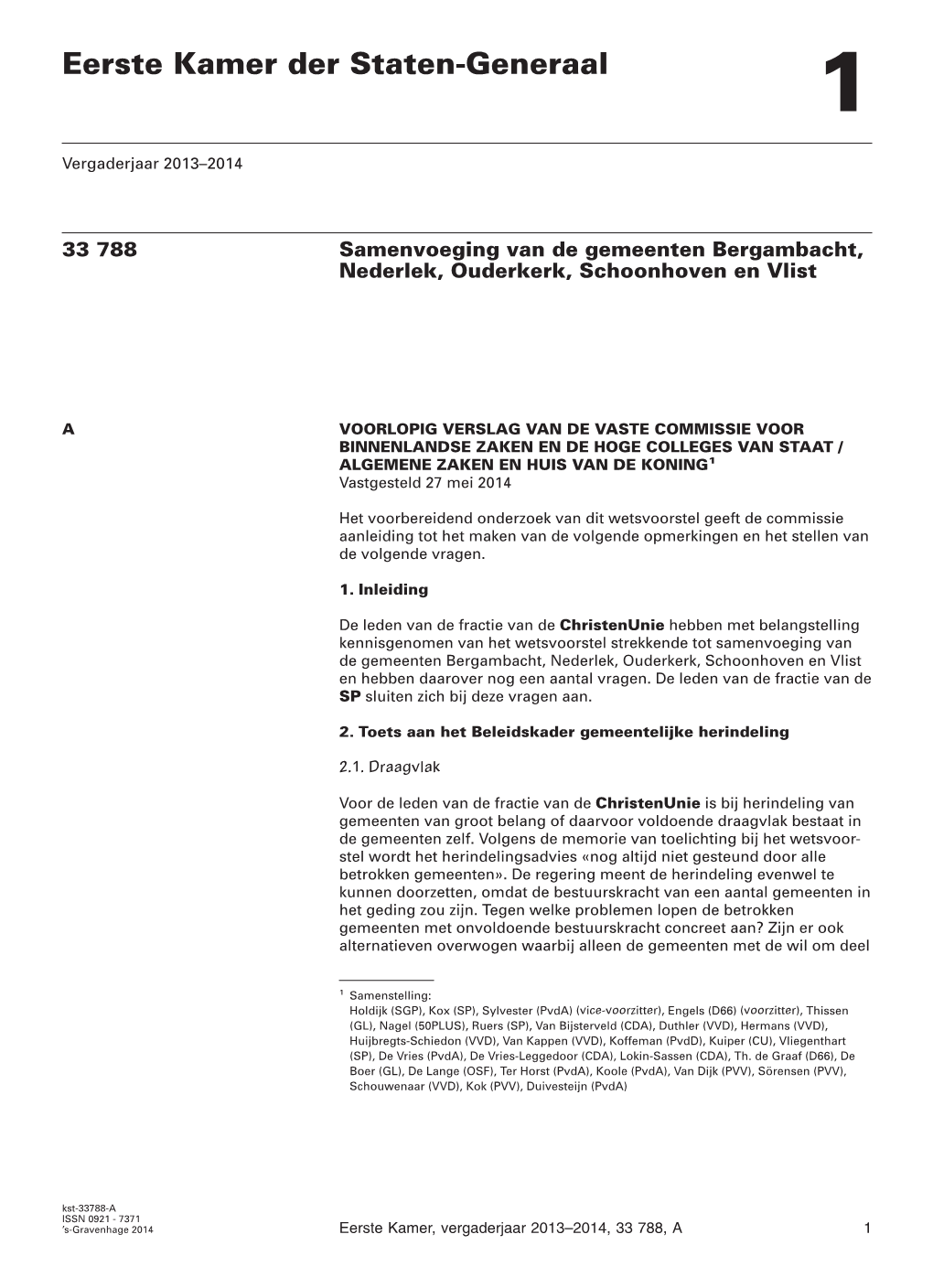 Samenvoeging Van De Gemeenten Bergambacht, Nederlek, Ouderkerk, Schoonhoven En Vlist