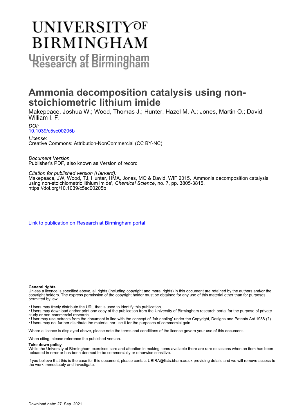 Ammonia Decomposition Catalysis Using Non-Stoichiometric Lithium Imide', Chemical Science, No