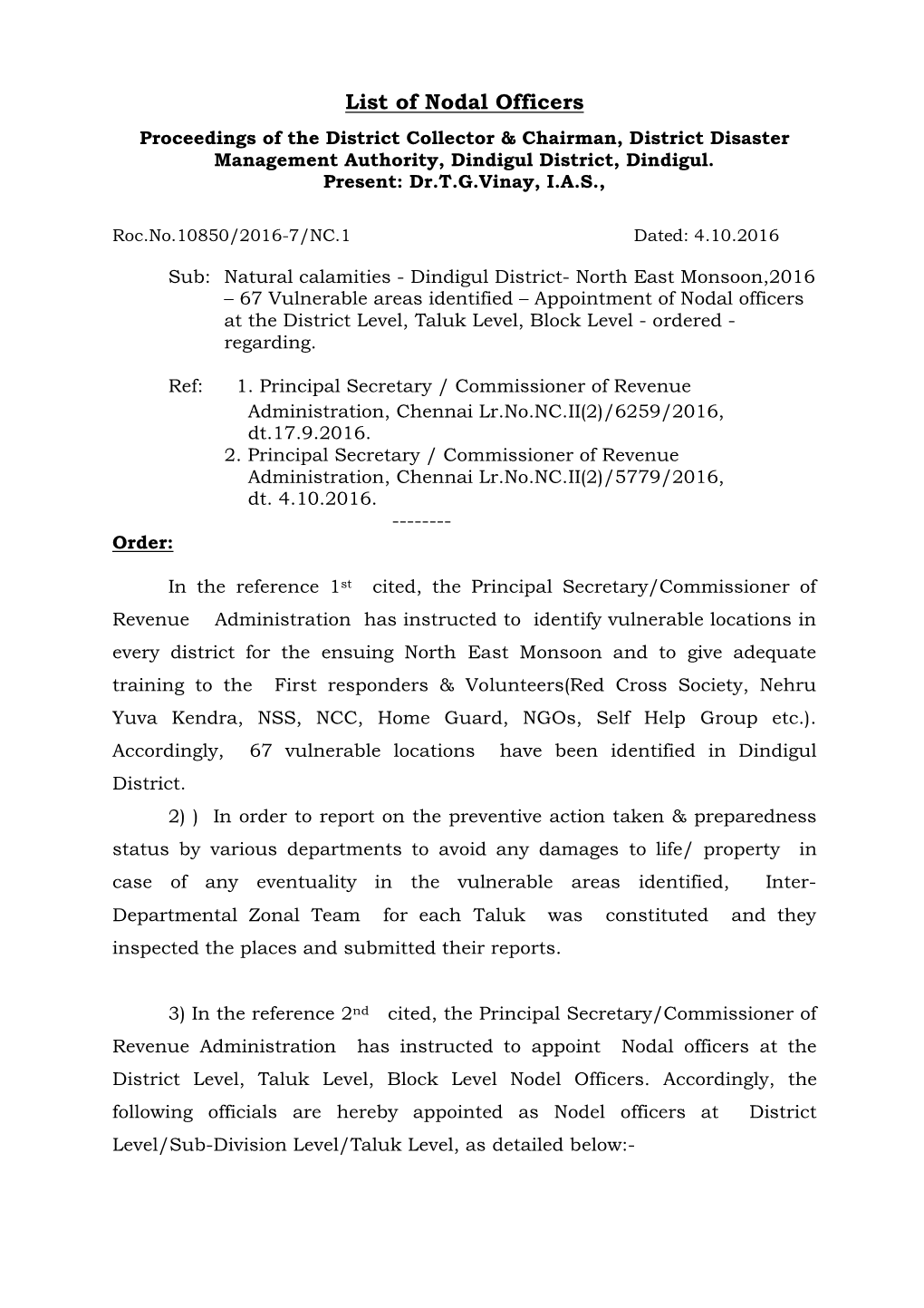 List of Nodal Officers Proceedings of the District Collector & Chairman, District Disaster Management Authority, Dindigul District, Dindigul