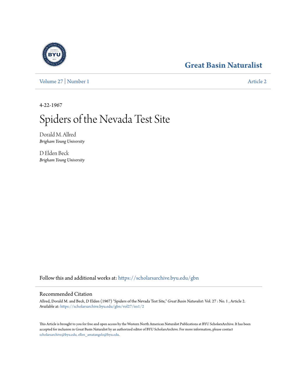 Spiders of the Nevada Test Site Dorald M