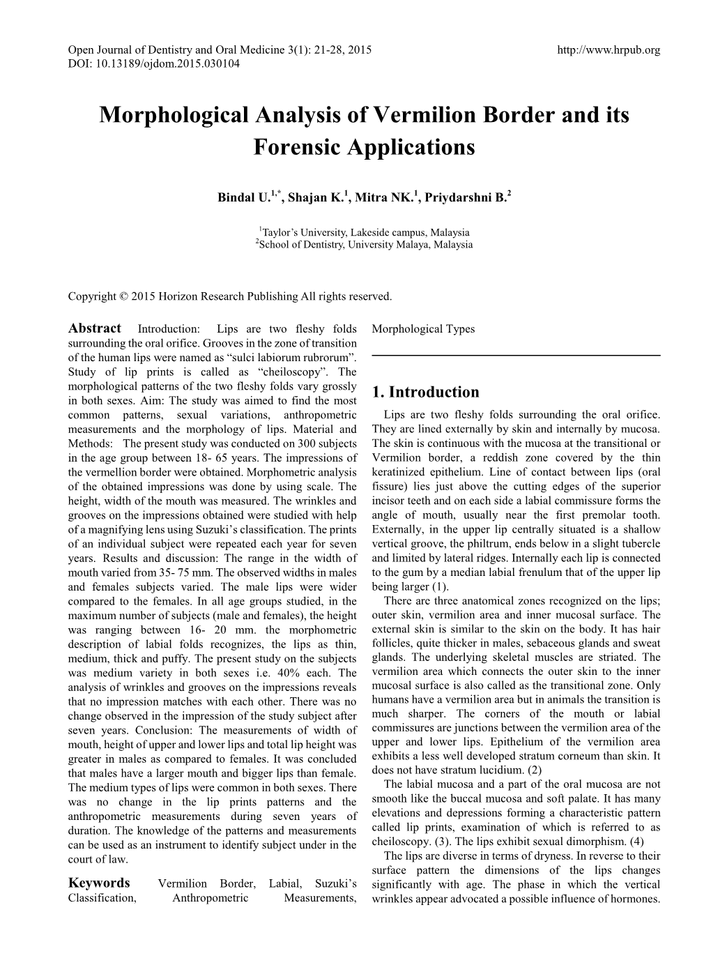 Morphological Analysis of Vermilion Border and Its Forensic Applications