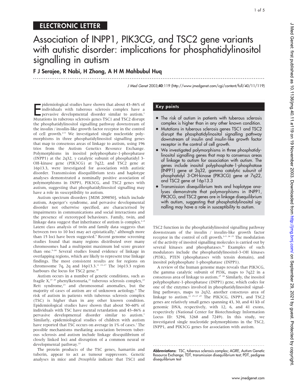 Association of INPP1, PIK3CG, and TSC2 Gene Variants with Autistic Disorder