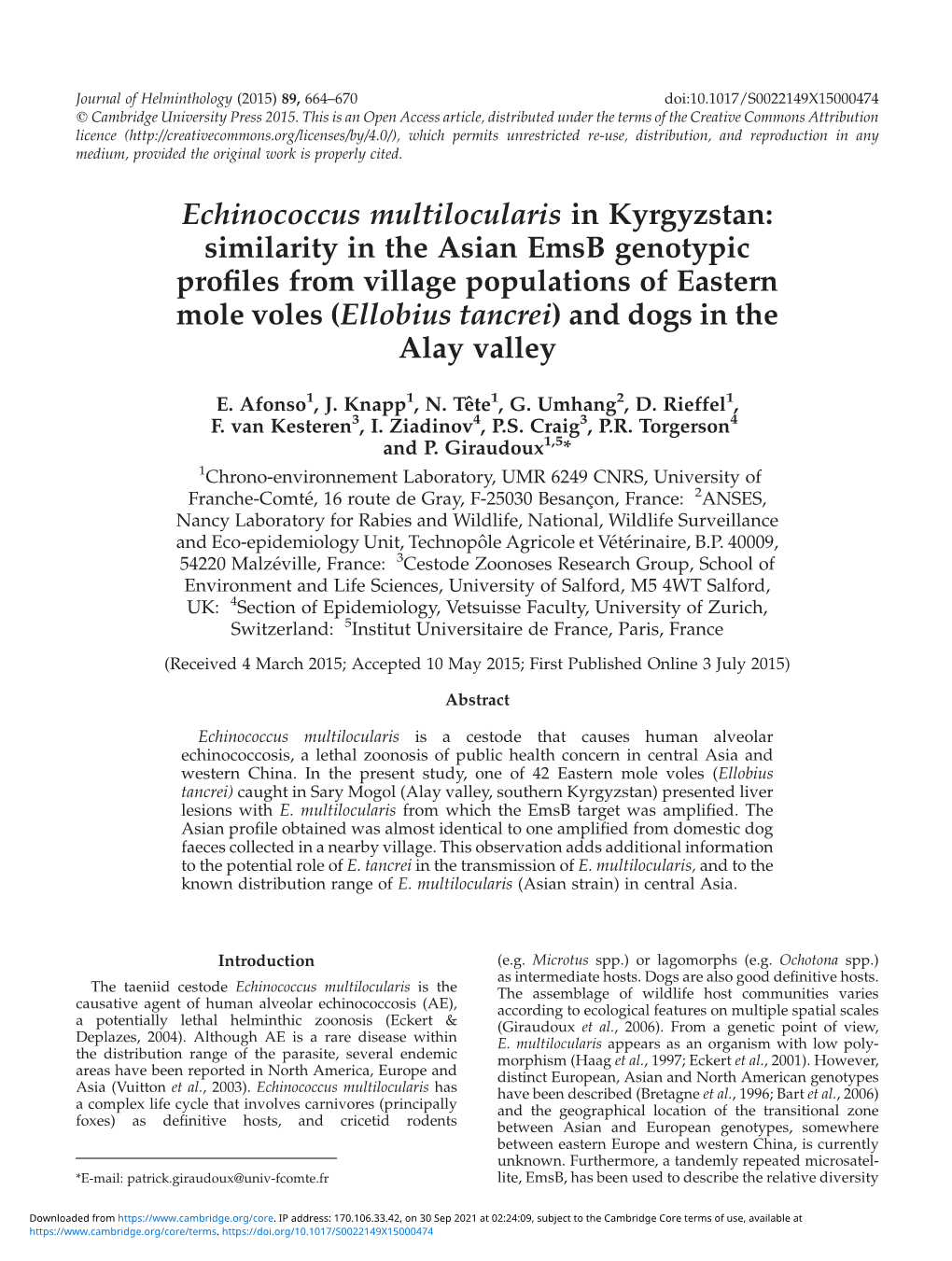 Echinococcus Multilocularis in Kyrgyzstan: Similarity in the Asian Emsb Genotypic Profiles from Village Populations of Eastern M