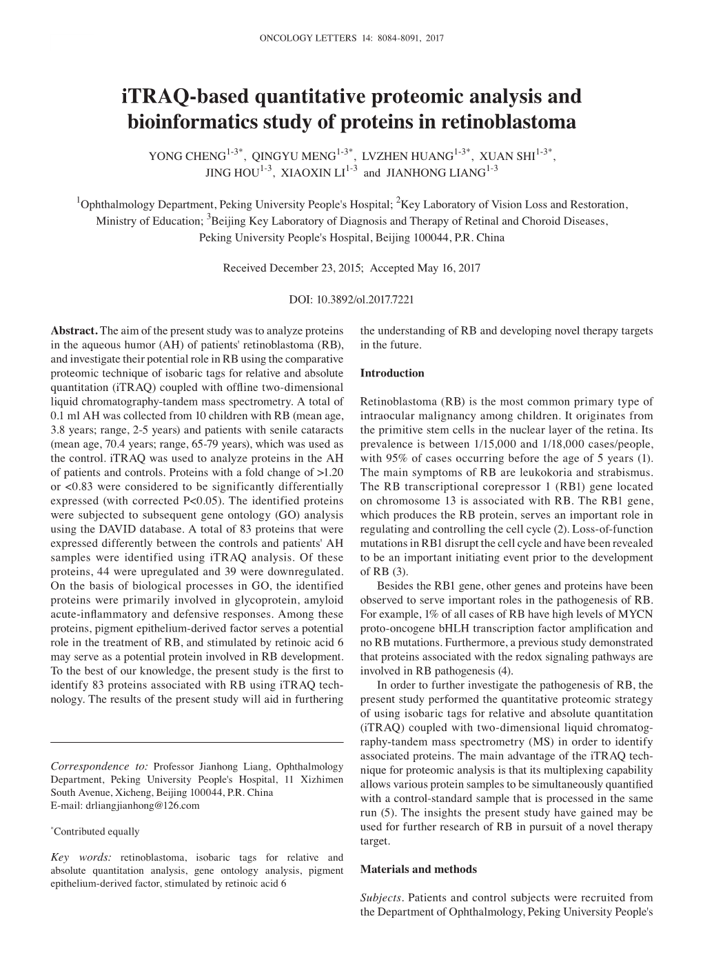 Itraq‑Based Quantitative Proteomic Analysis and Bioinformatics Study of Proteins in Retinoblastoma