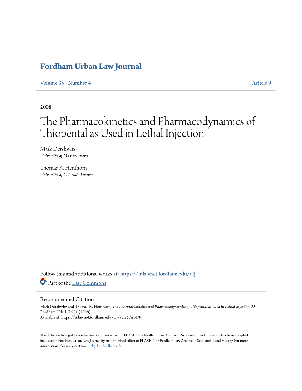 The Pharmacokinetics and Pharmacodynamics of Thiopental As Used in Lethal Injection, 35 Fordham Urb