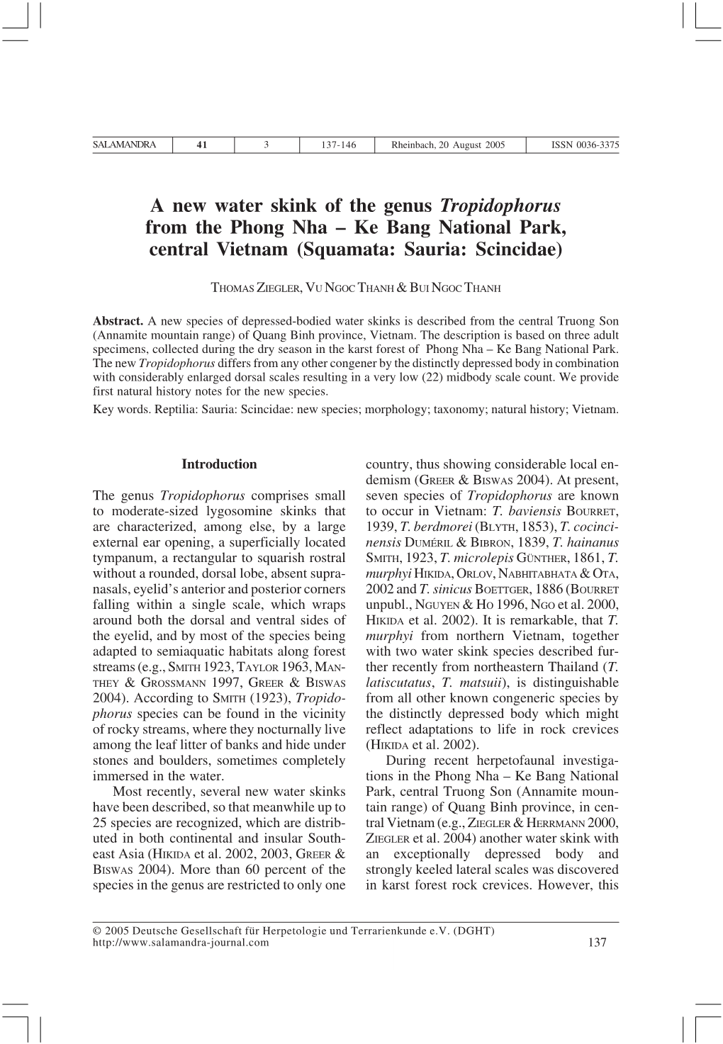 A New Water Skink of the Genus Tropidophorus from the Phong Nha – Ke Bang National Park, Central Vietnam (Squamata: Sauria: Scincidae)