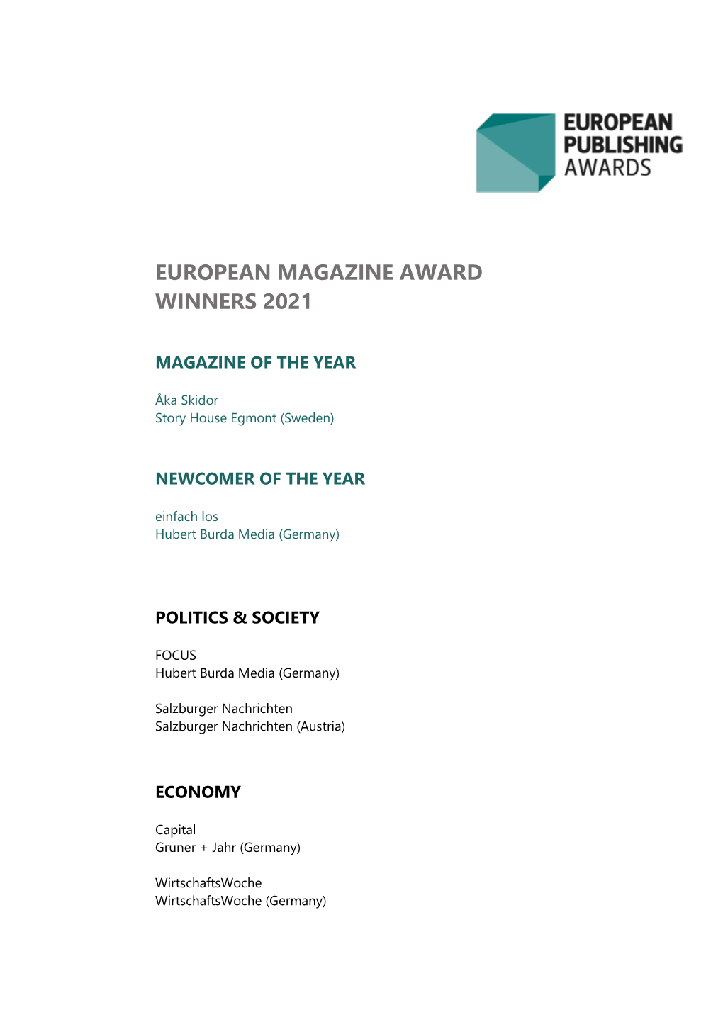 European Magazine Award Winners 2021