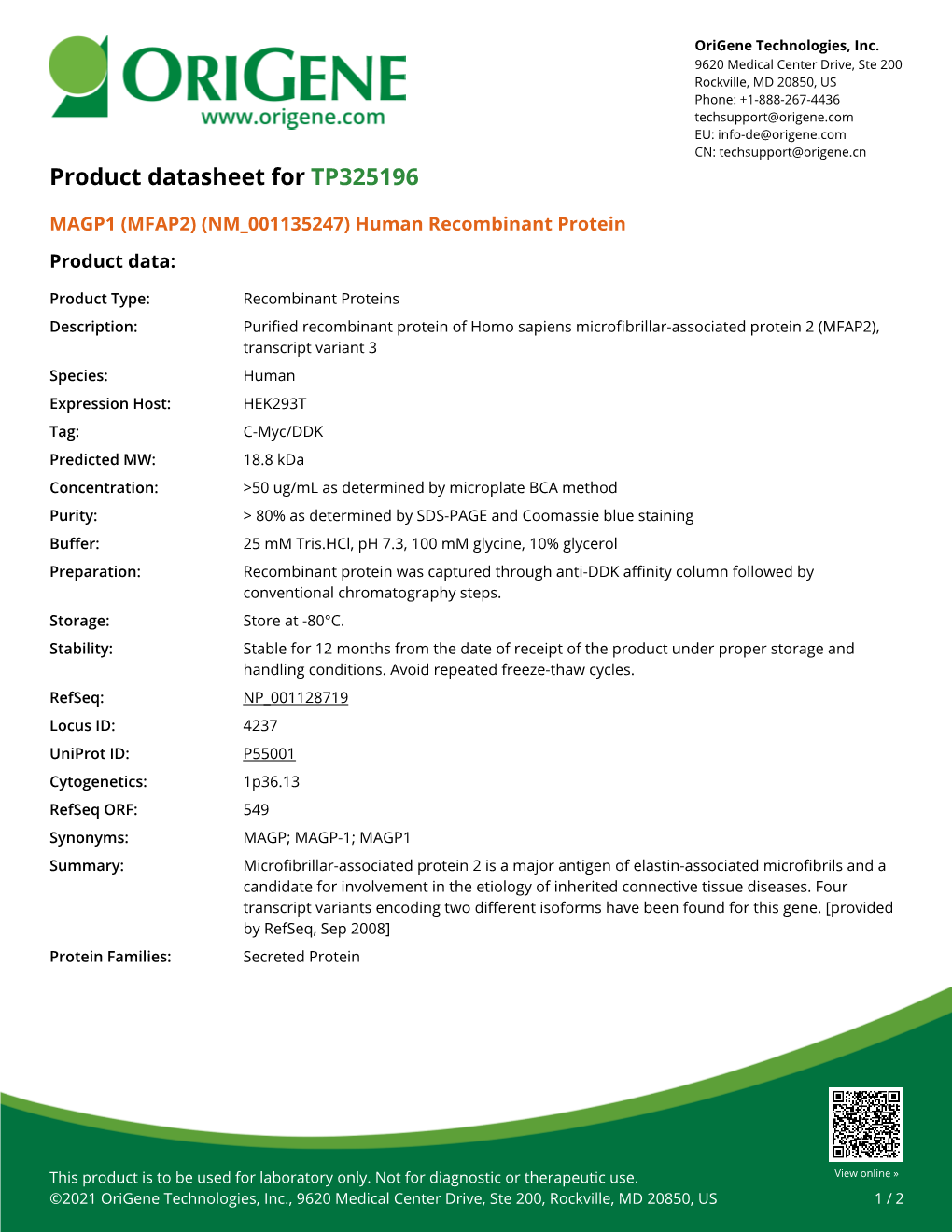 MAGP1 (MFAP2) (NM 001135247) Human Recombinant Protein Product Data