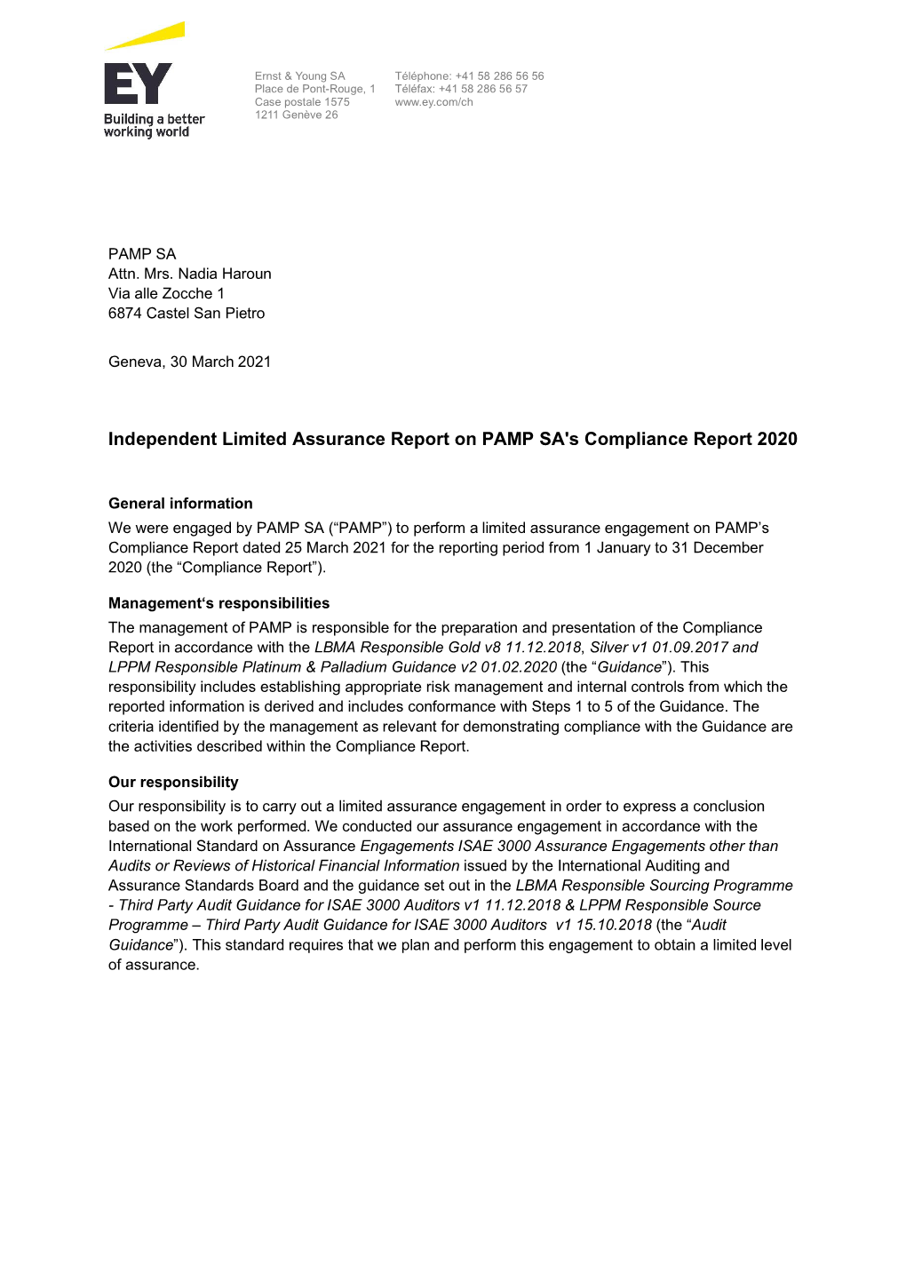 Independent Limited Assurance Report on PAMP SA's Compliance Report 2020