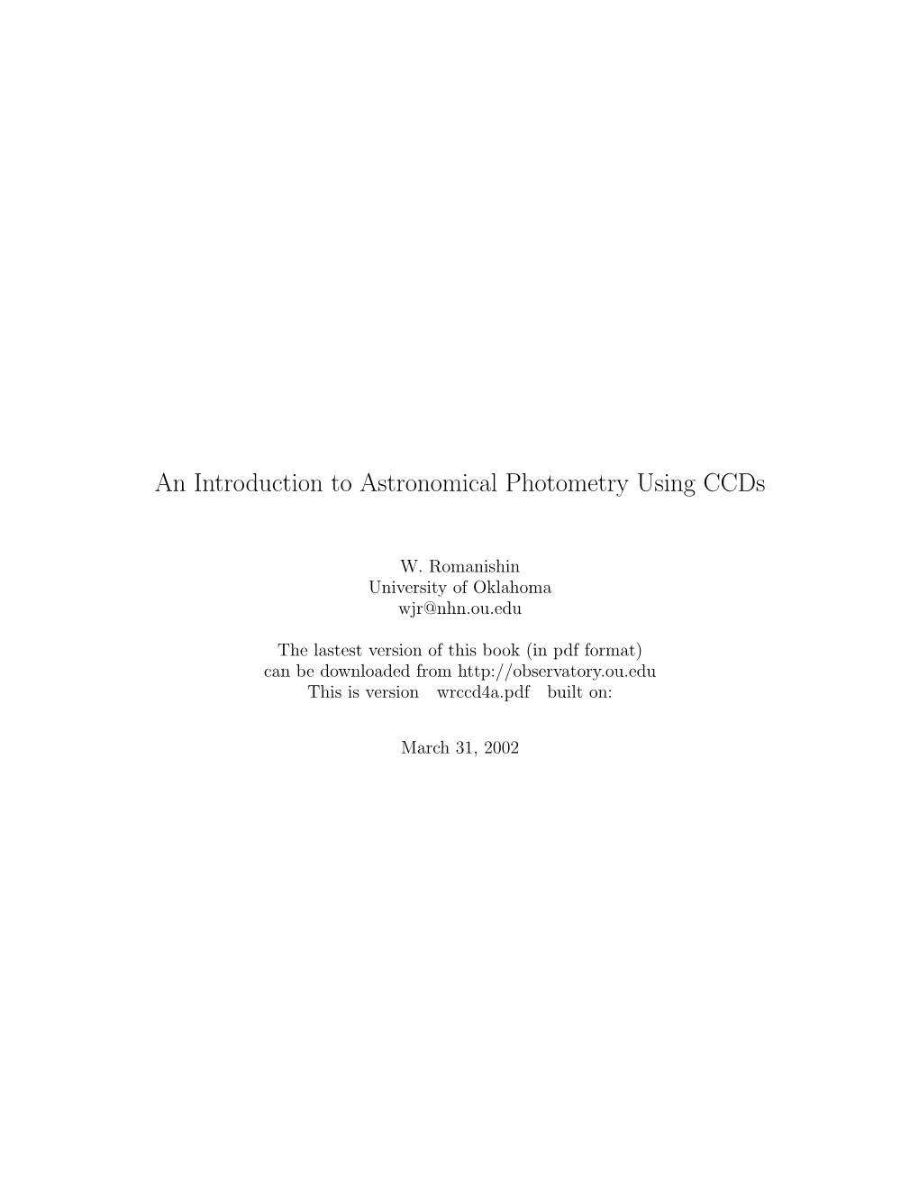 An Introduction to Astronomical Photometry Using Ccds