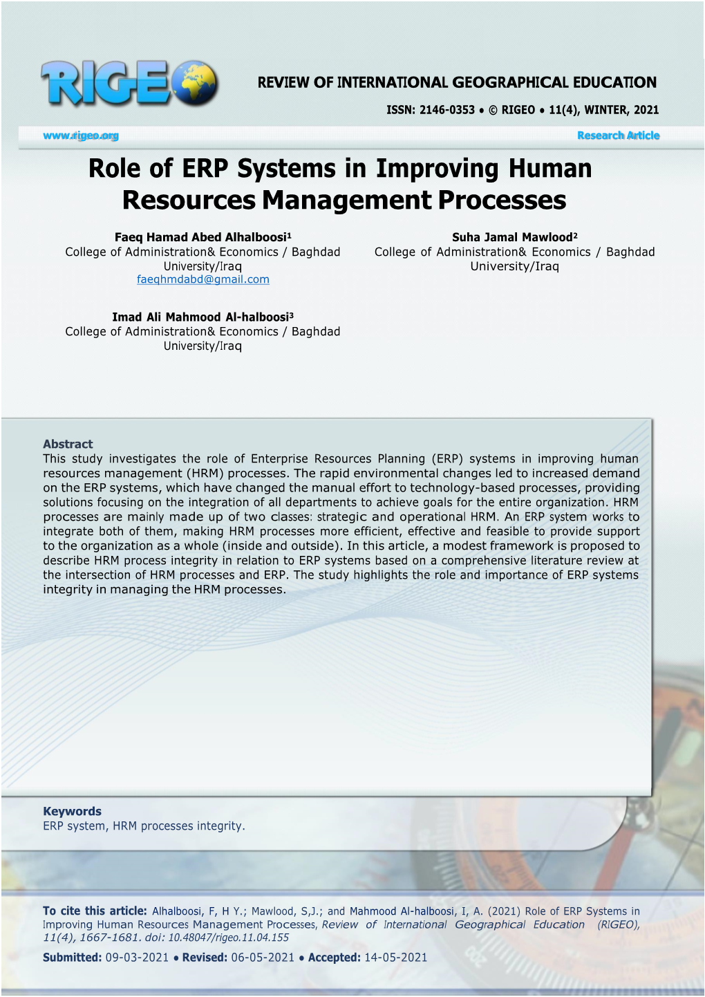 Role of ERP Systems in Improving Human Resources Management Processes