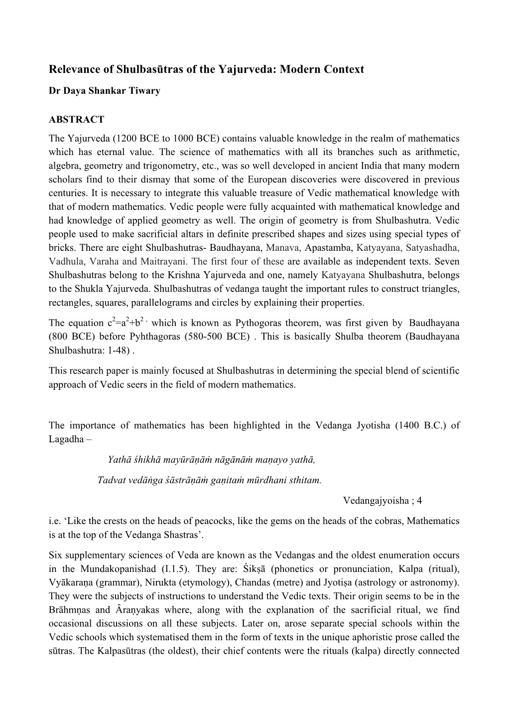 Relevance of Shulbasūtras of the Yajurveda: Modern Context