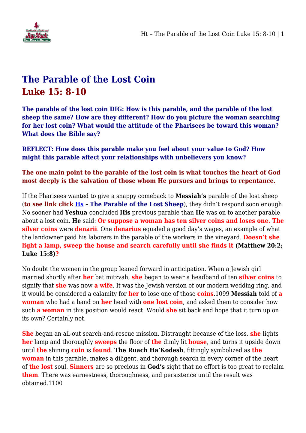 The Parable of the Lost Coin Luke 15: 8-10 | 1