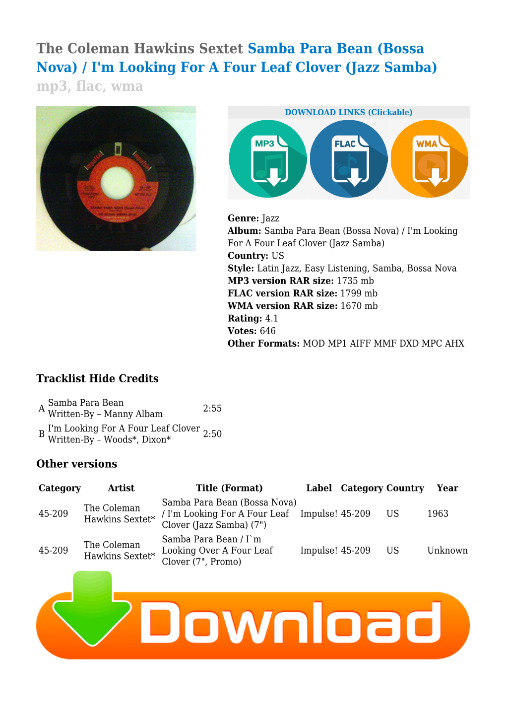 The Coleman Hawkins Sextet Samba Para Bean (Bossa Nova) / I'm Looking for a Four Leaf Clover (Jazz Samba) Mp3, Flac, Wma