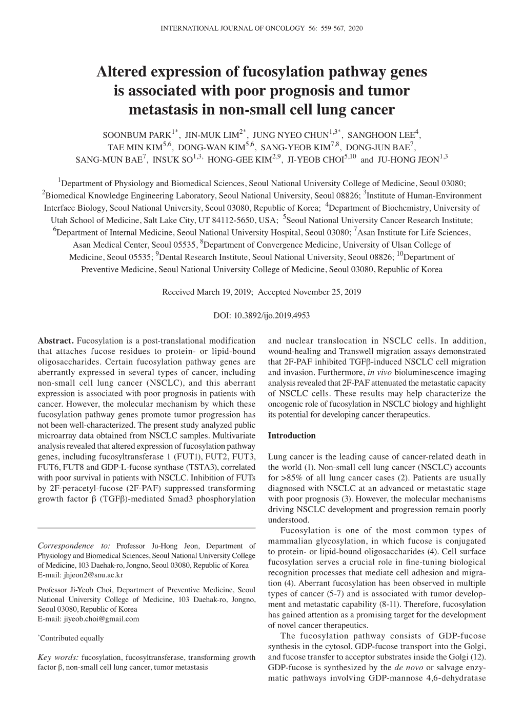 Altered Expression of Fucosylation Pathway Genes Is Associated with Poor Prognosis and Tumor Metastasis in Non‑Small Cell Lung Cancer