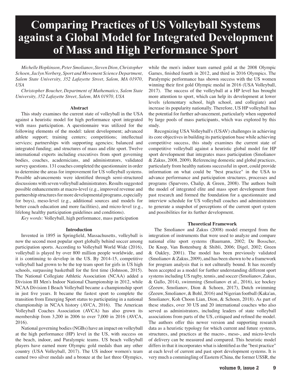 Comparing Practices of US Volleyball Systems Against a Global Model for Integrated Development of Mass and High Performance Sport