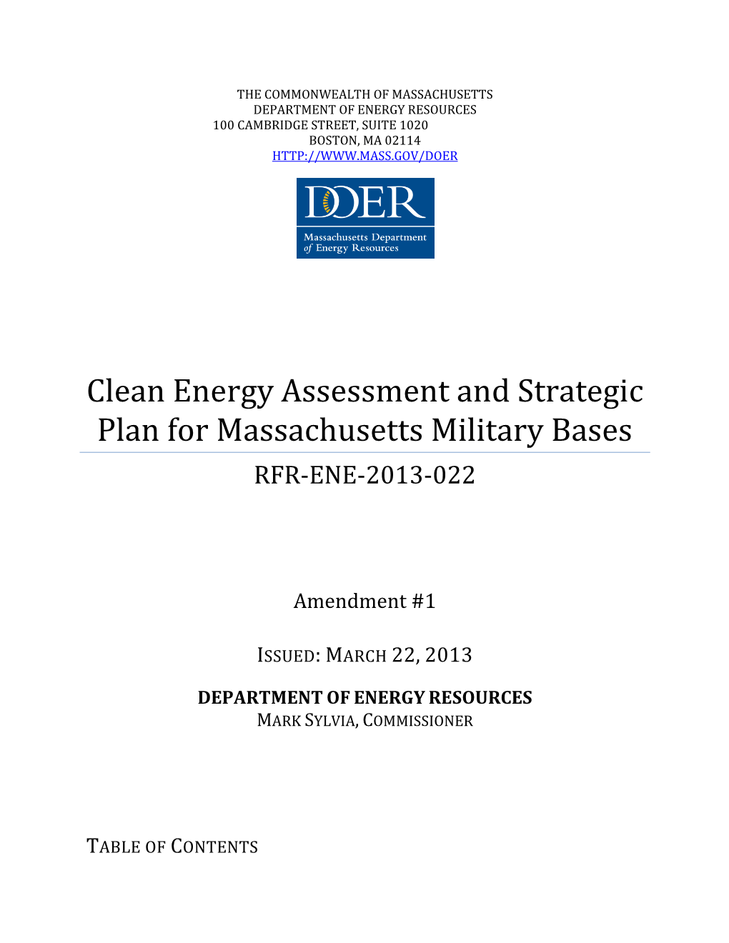 Clean Energy Assessment and Strategic Plan for Massachusetts Military Bases RFR-ENE-2013-022