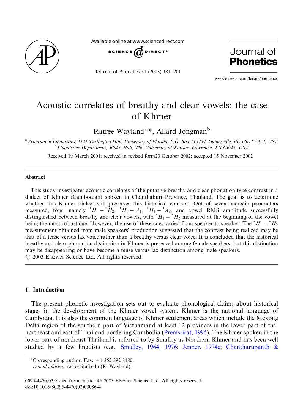 Acoustic Correlates of Breathy and Clear Vowels