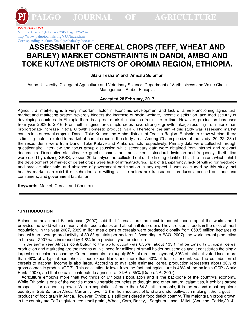 Ment of Cereal Crops (Teff, Wheat and )