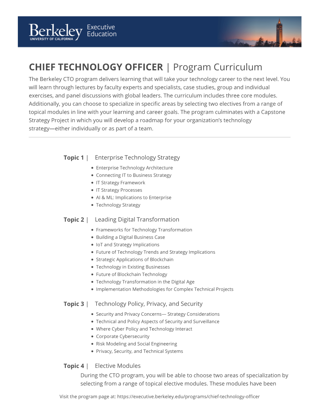 CHIEF TECHNOLOGY OFFICER | Program Curriculum the Berkeley CTO Program Delivers Learning That Will Take Your Technology Career to the Next Level
