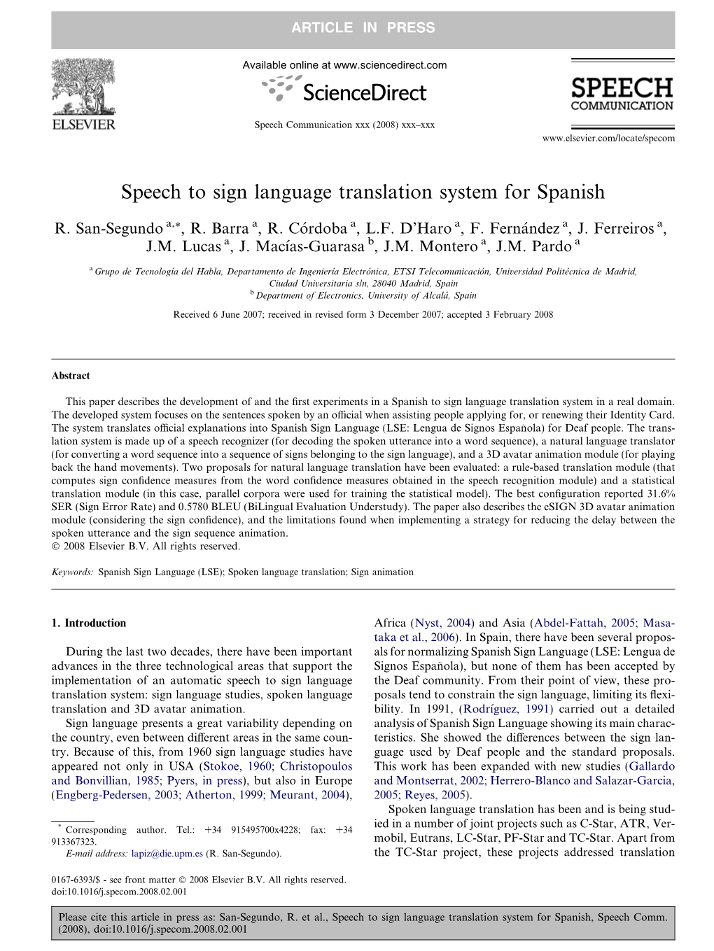 Speech to Sign Language Translation System for Spanish