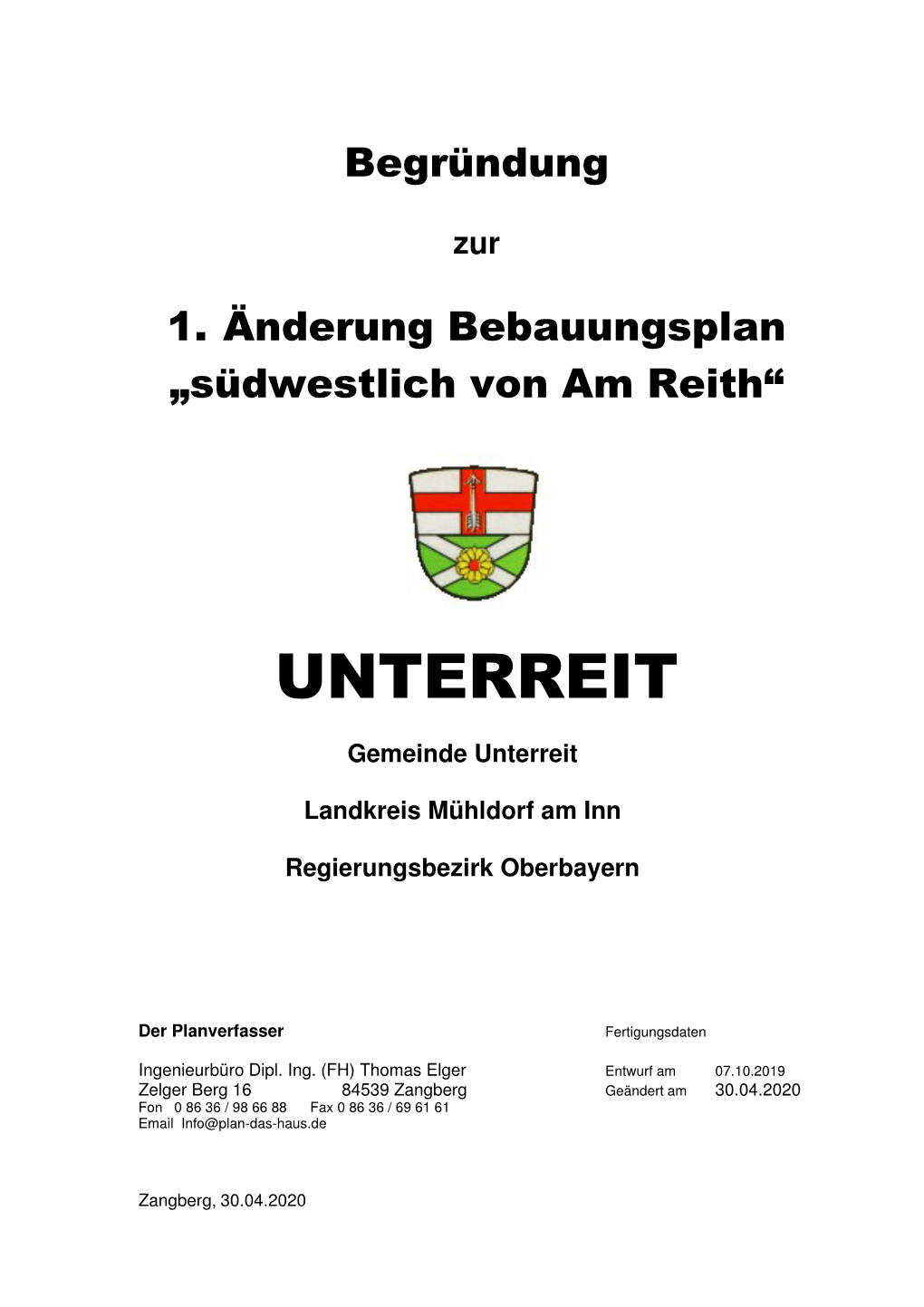 1. Änderung Bebauungsplan „Südwestlich Von Am Reith“