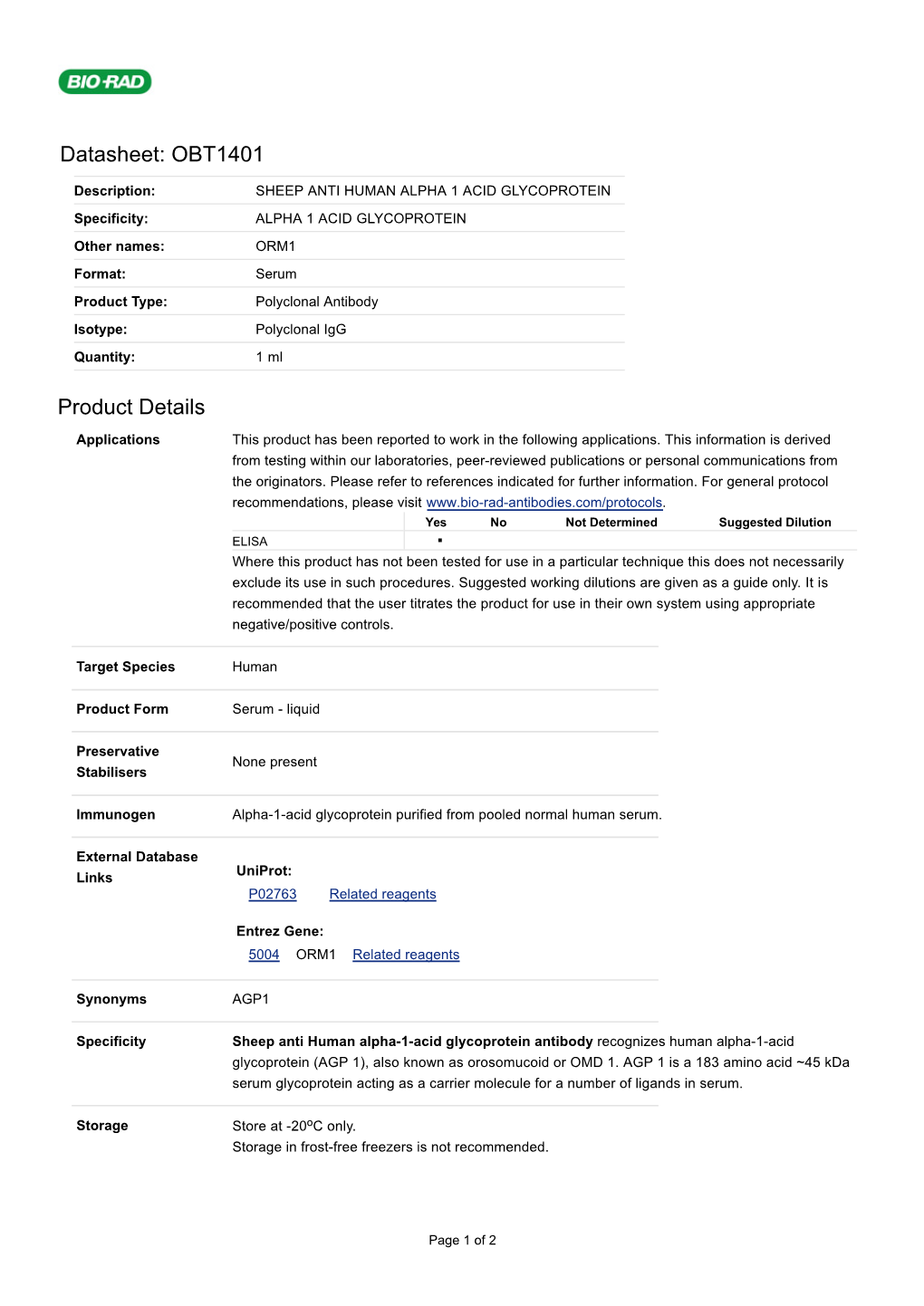 Datasheet: OBT1401 Product Details