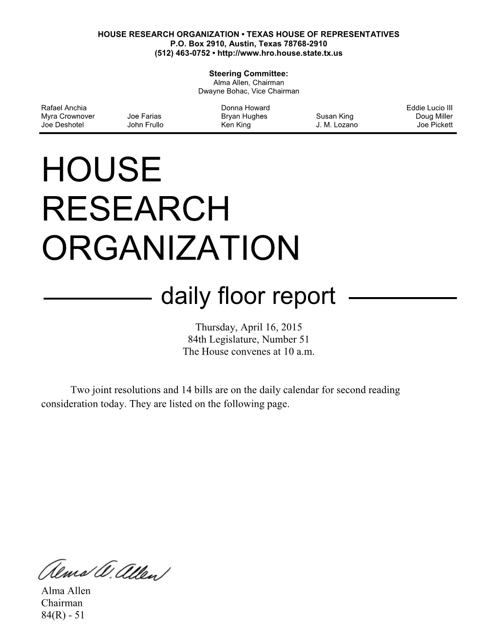 House Research Organization • Texas House of Representatives P.O