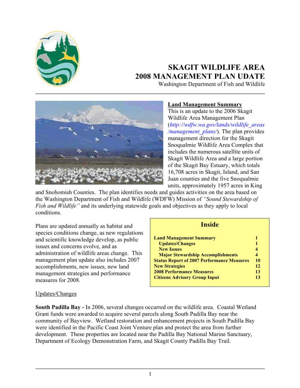SKAGIT WILDLIFE AREA 2008 MANAGEMENT PLAN UDATE Washington Department of Fish and Wildlife ______