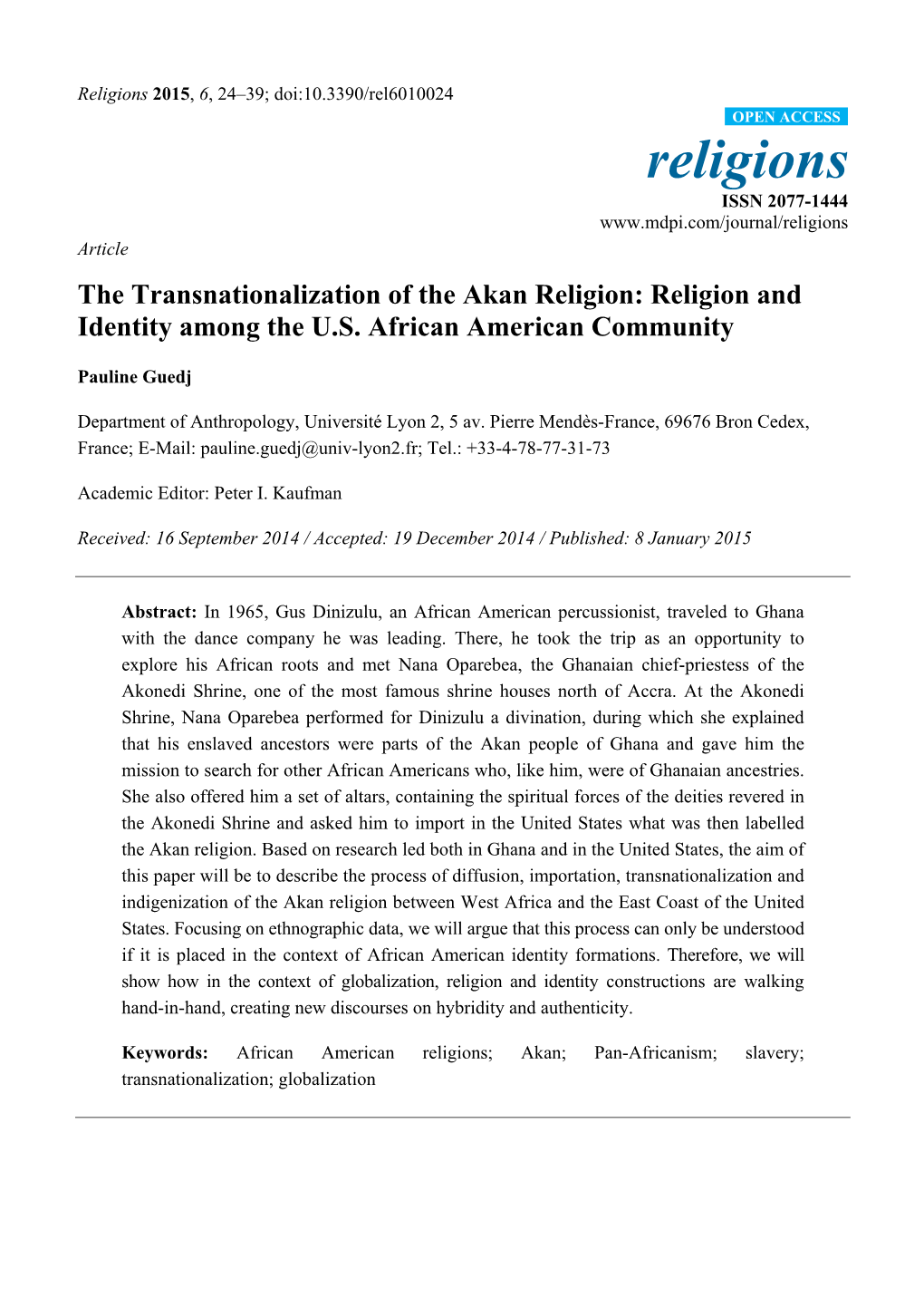 The Transnationalization of the Akan Religion: Religion and Identity Among the U.S