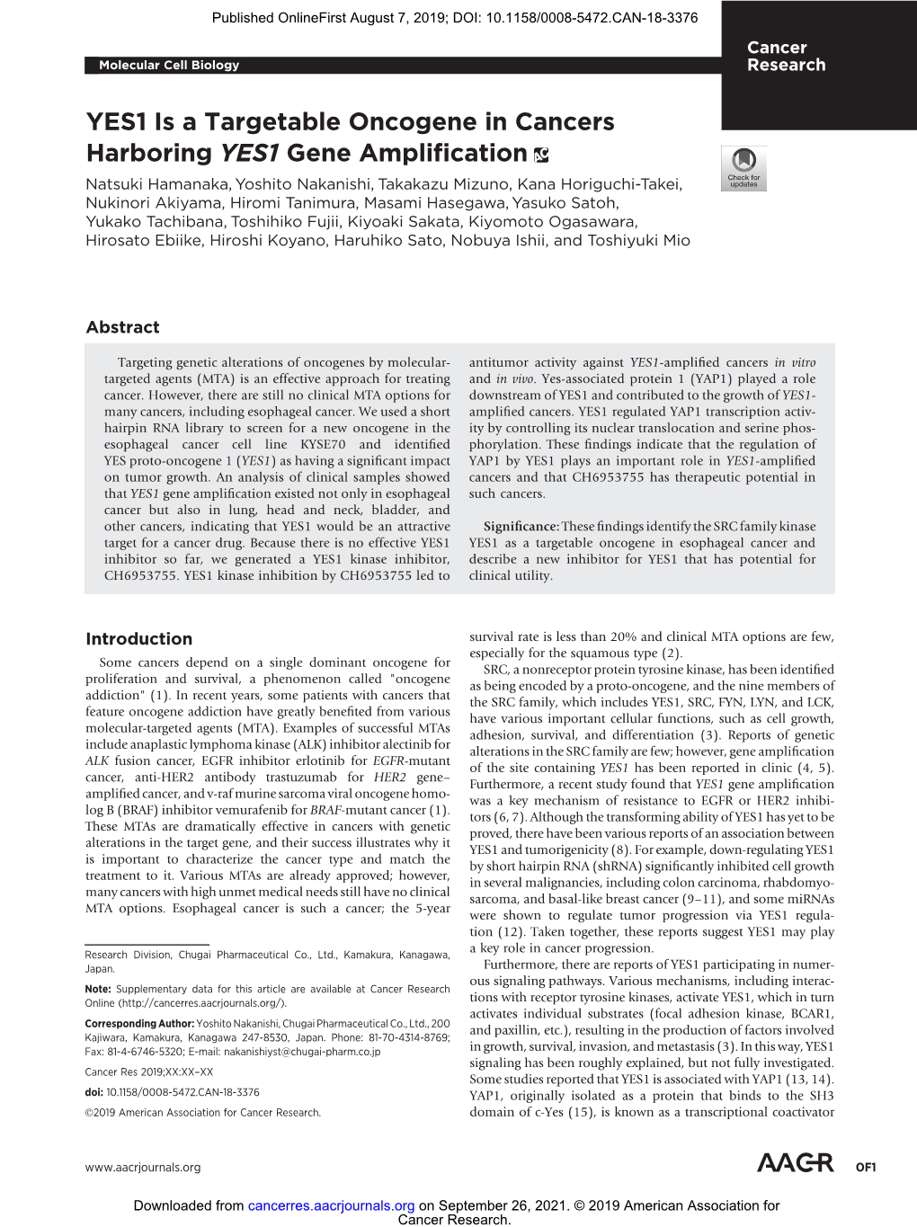 YES1 Is a Targetable Oncogene in Cancers Harboring YES1 Gene Amplification