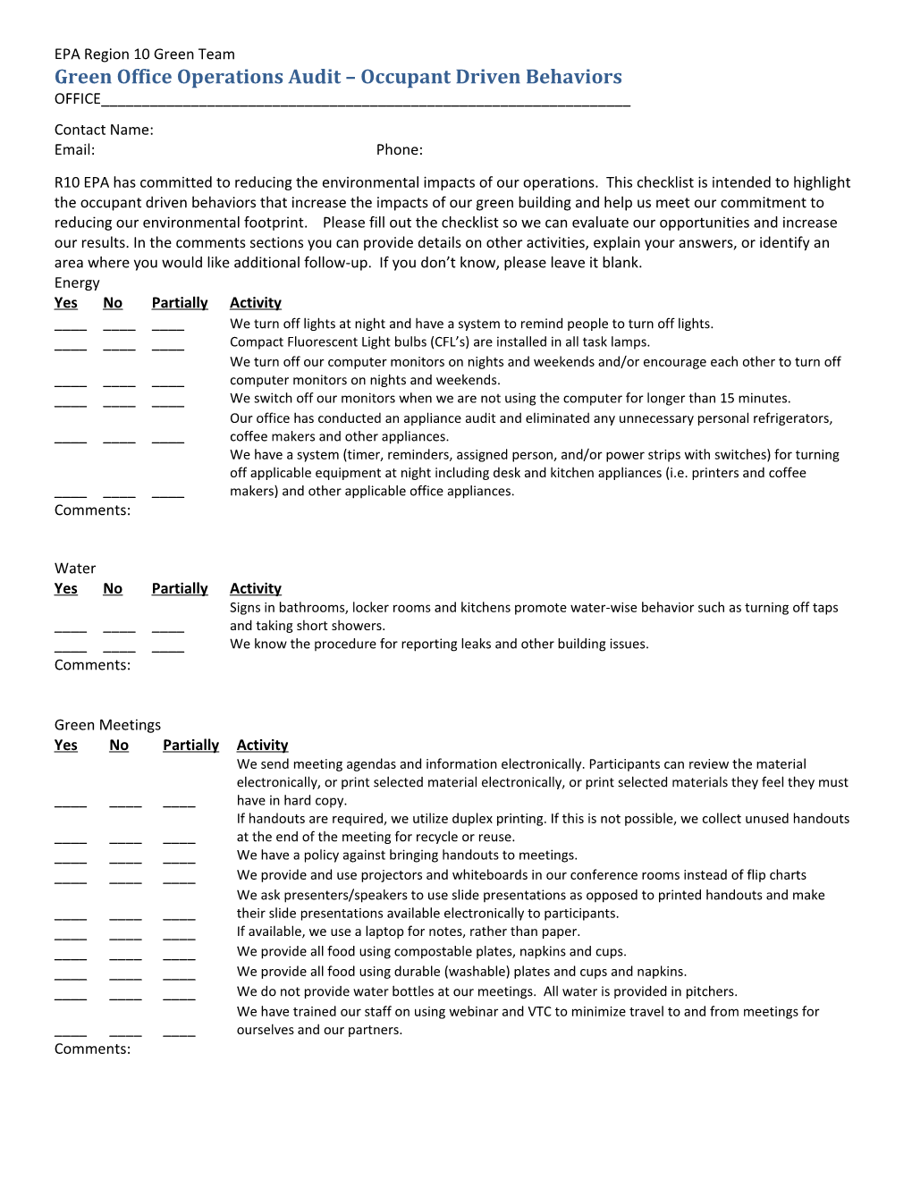 Green Office Operations Audit Occupant Driven Behaviors