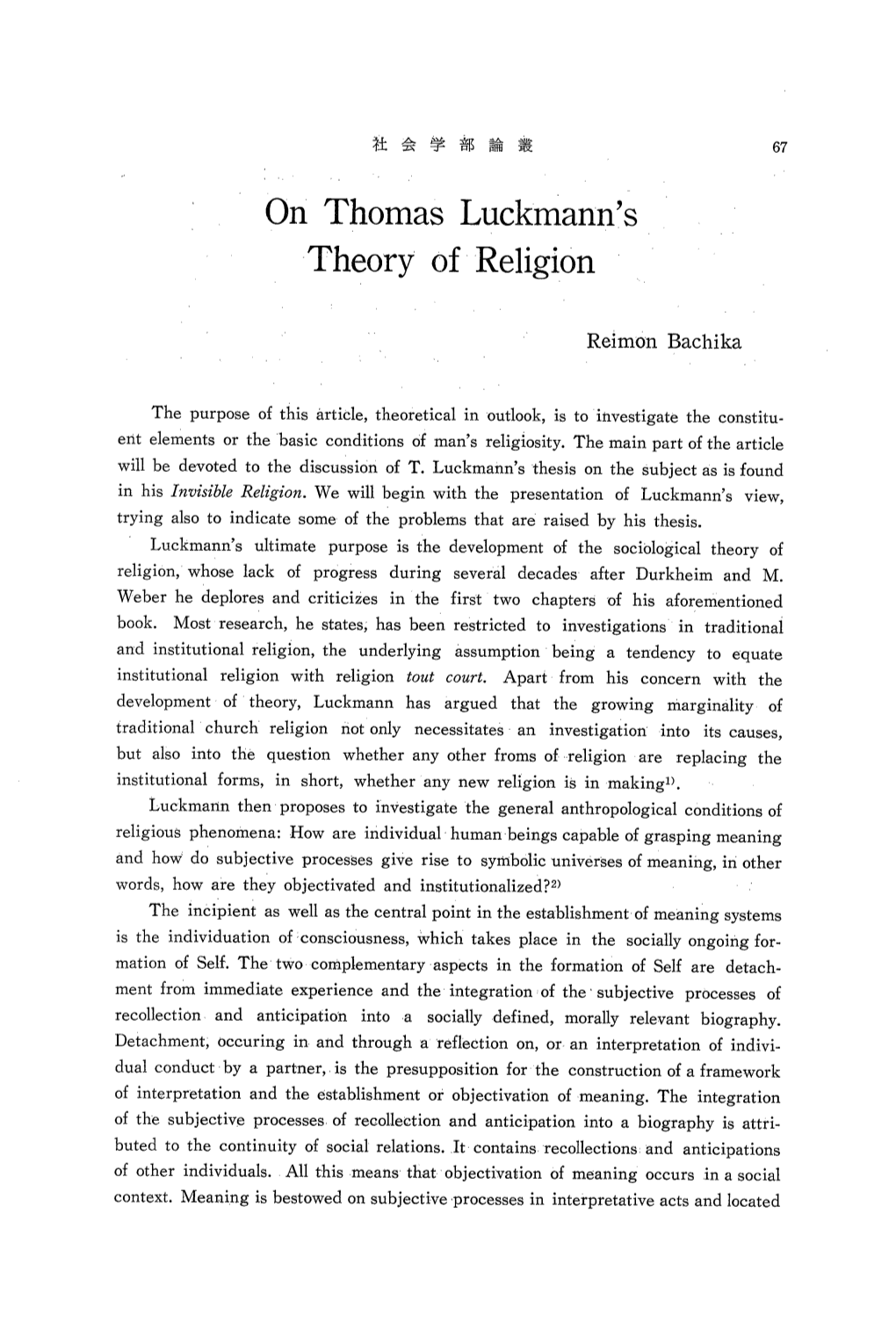 On Thomas Luckmann's Theory of Religion