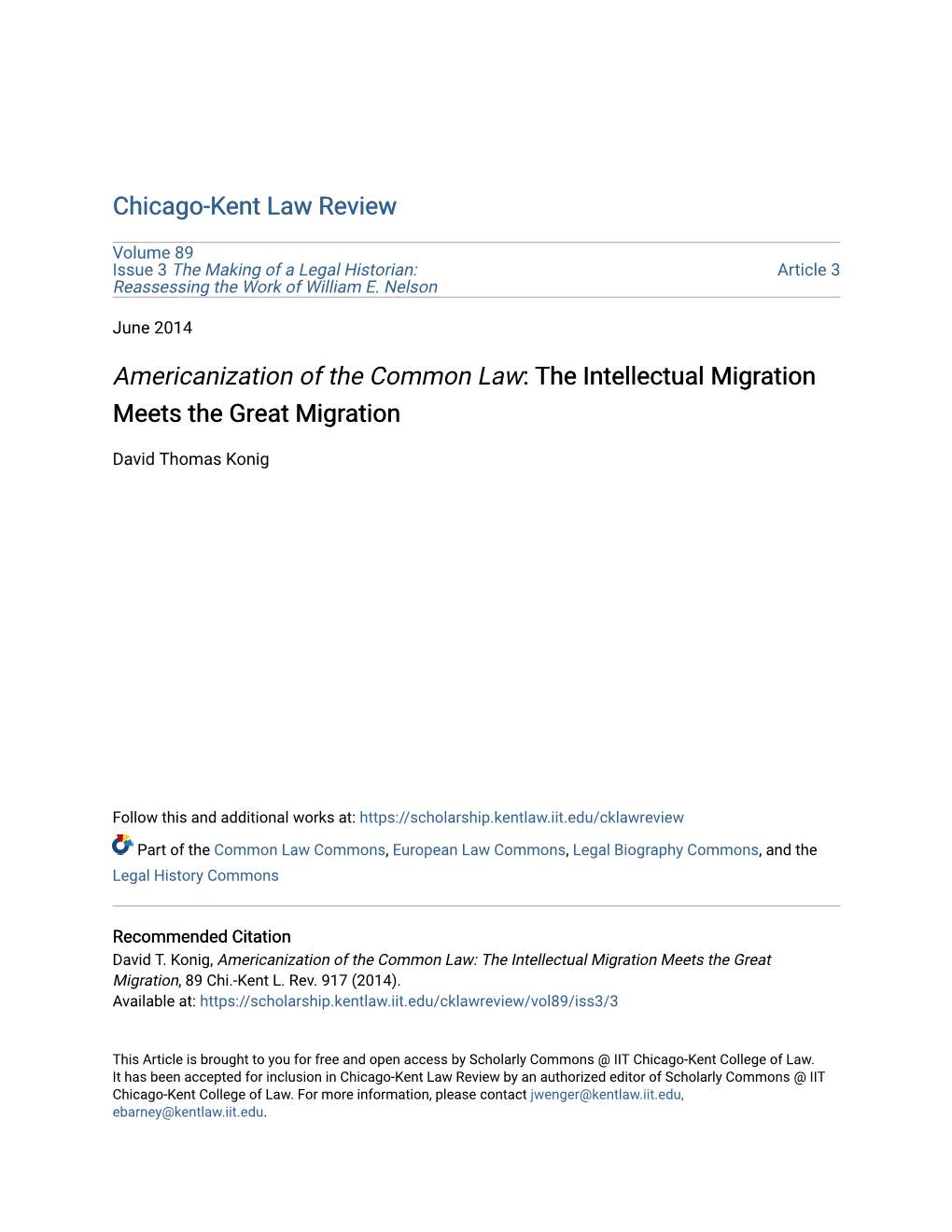 Americanization of the Common Law: the Intellectual Migration Meets the Great Migration