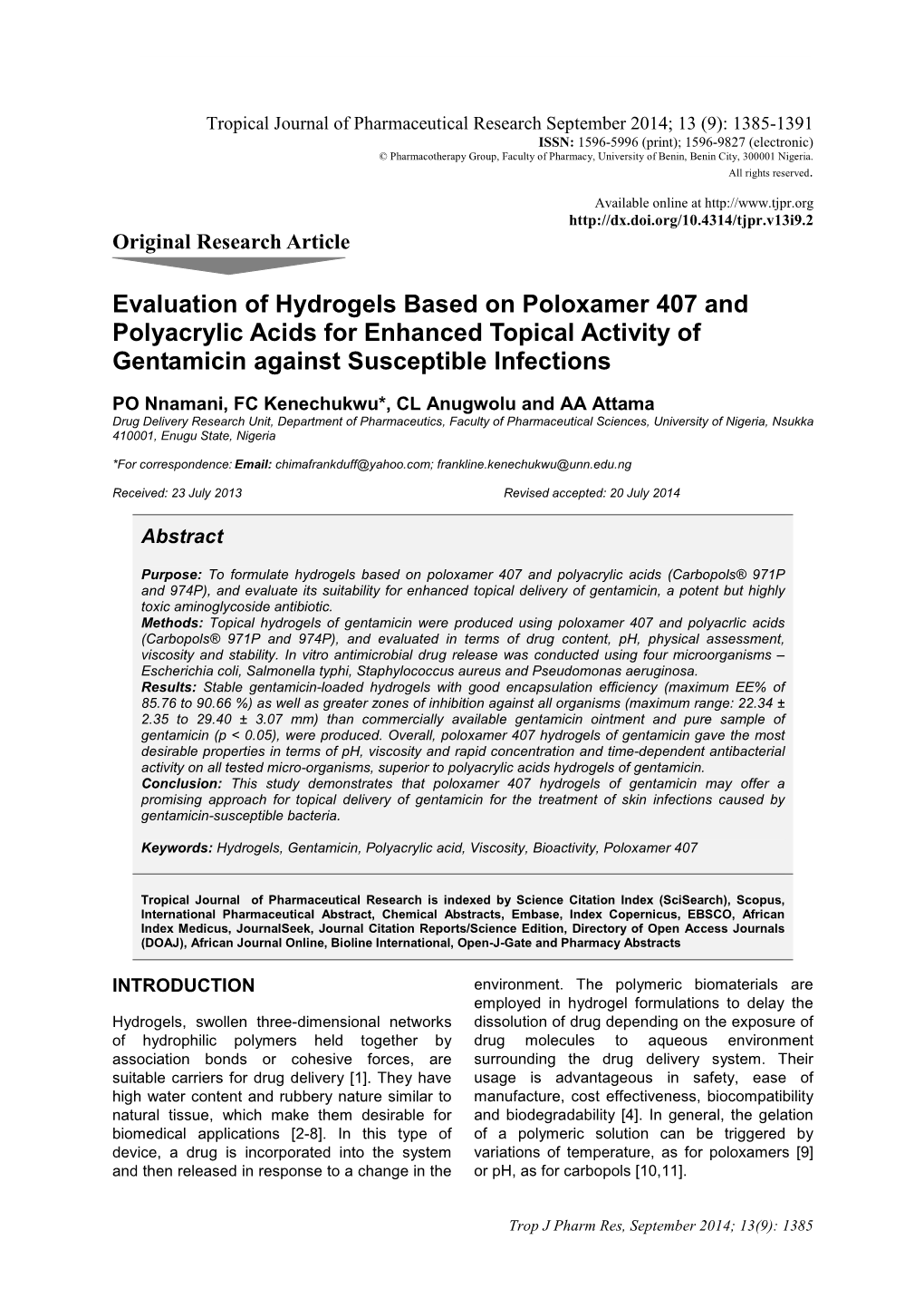 Evaluation of Hydrogels Based on Poloxamer 407 and Polyacrylic Acids for Enhanced Topical Activity of Gentamicin Against Susceptible Infections