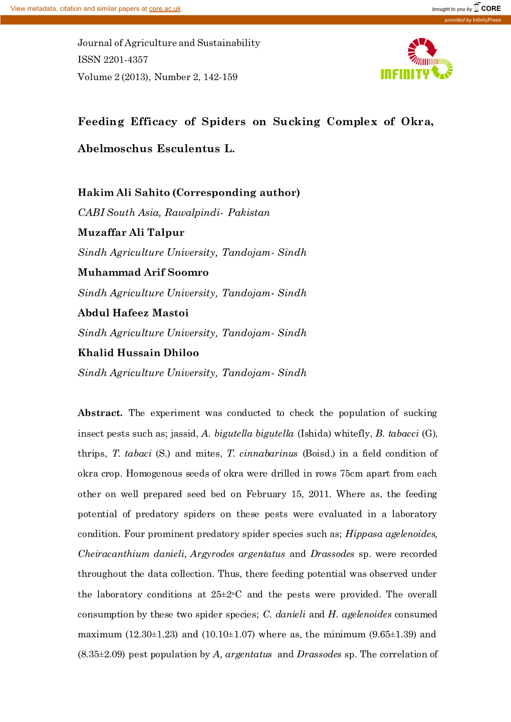 Feeding Efficacy of Spiders on Sucking Complex of Okra, Abelmoschus Esculentus L