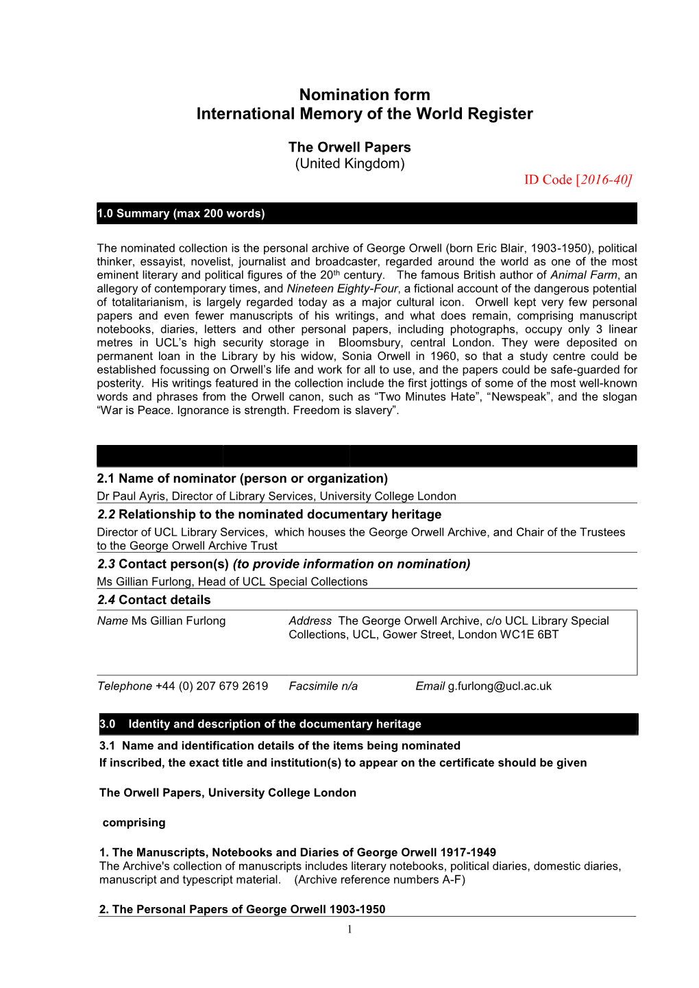 Nomination Form International Memory of the World Register