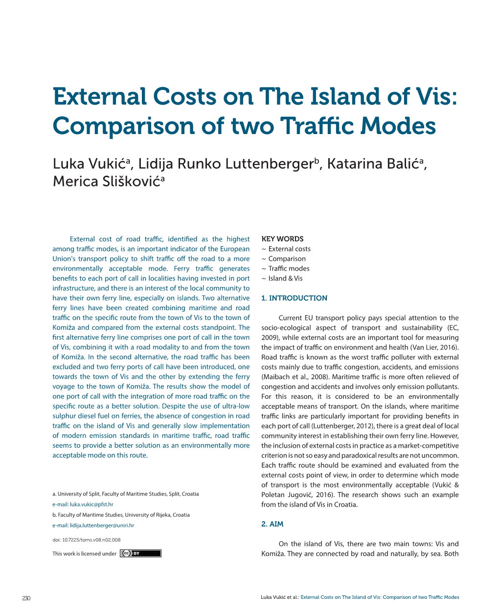 External Costs on the Island of Vis: Comparison of Two Traffic Modes