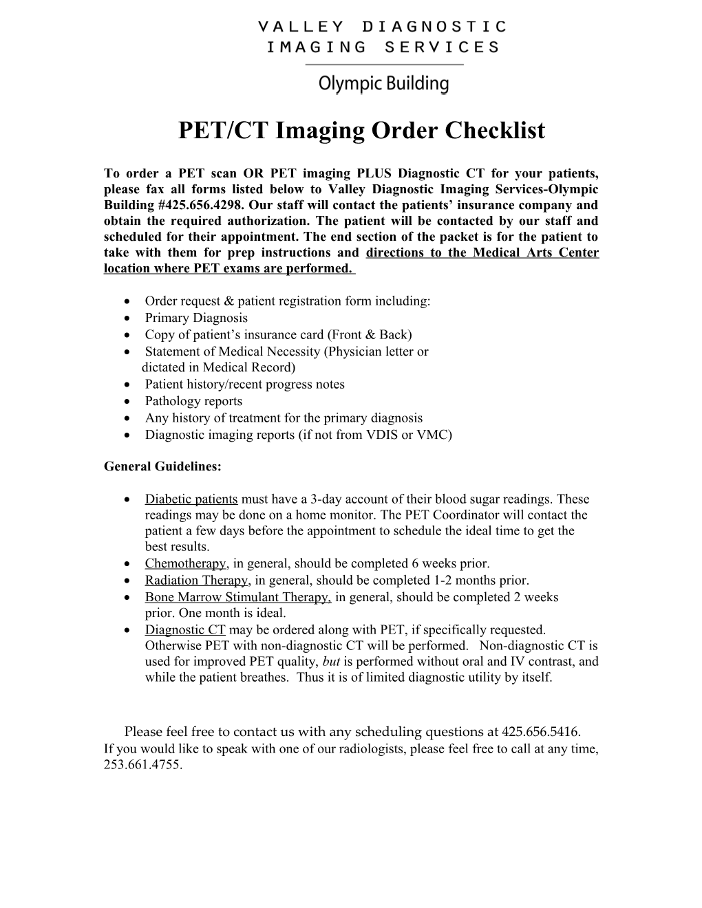 PET/CT Imaging Order Checklist