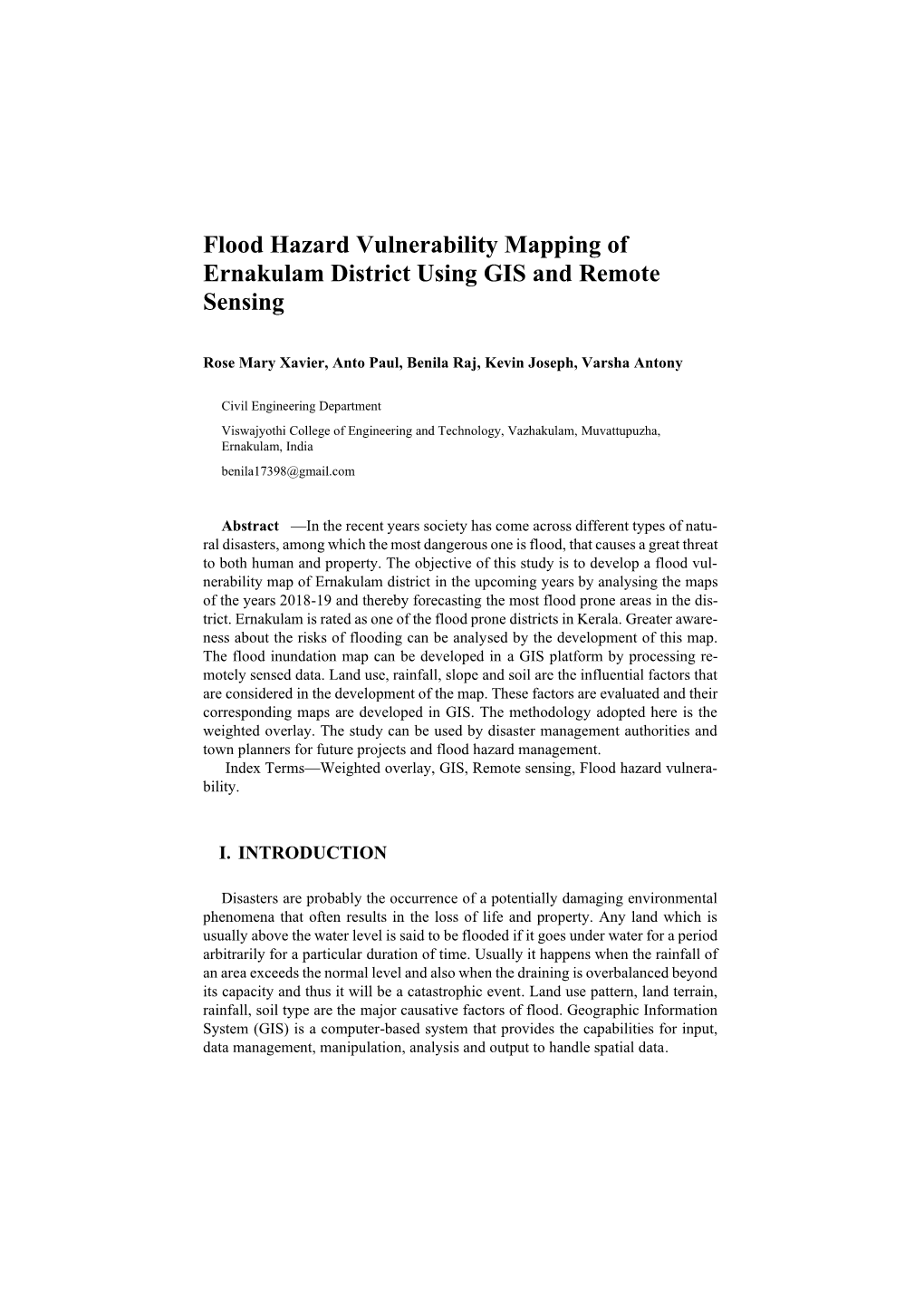 Flood Hazard Vulnerability Mapping of Ernakulam District Using GIS and Remote Sensing