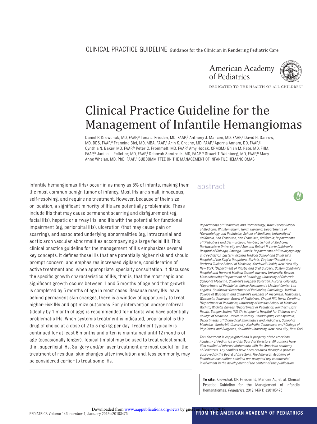 Clinical Practice Guideline for the Management of Infantile Hemangiomas