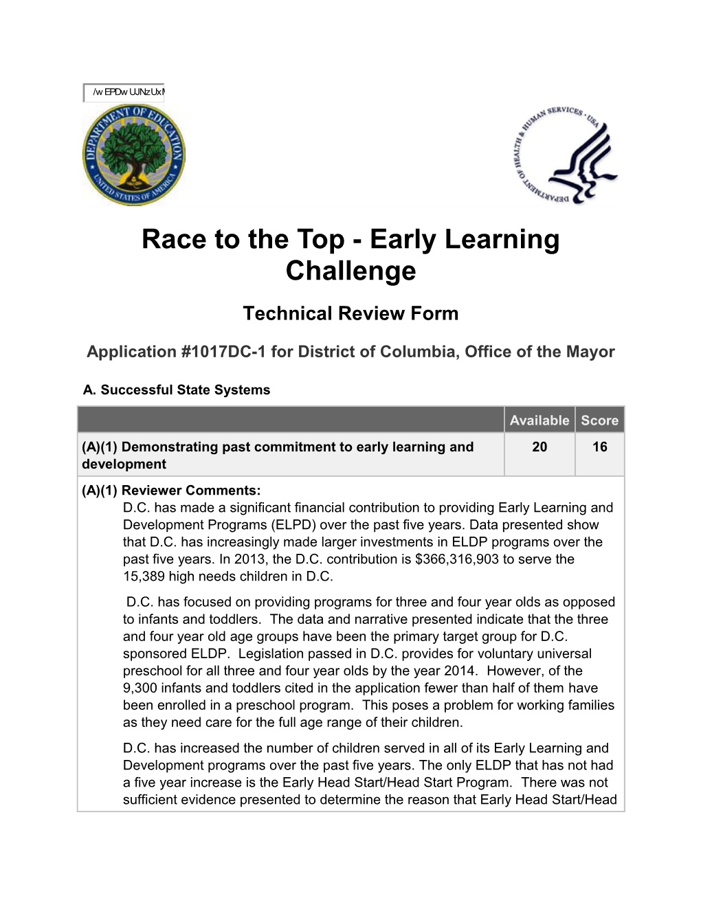 Score Sheet for Phase 3, Race to the Top-Early Learning Challenge, Application for Initial s1