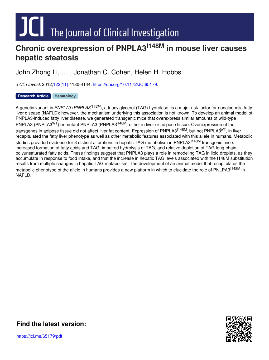 Chronic Overexpression of PNPLA3 in Mouse Liver Causes Hepatic Steatosis