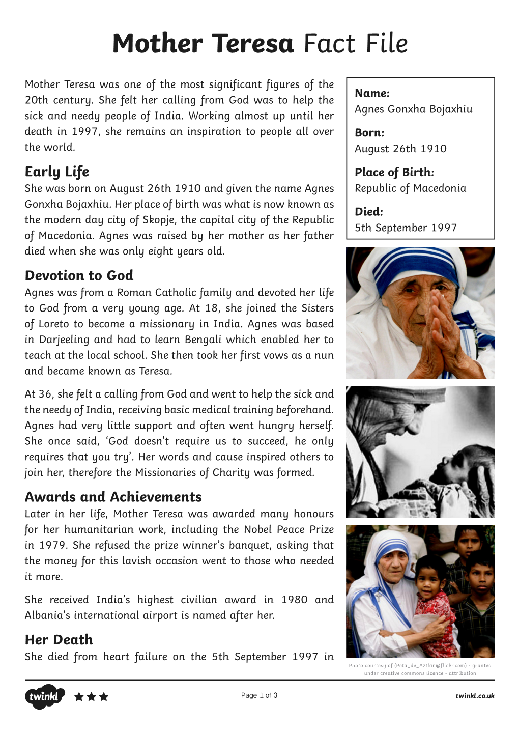 Mother Teresa Fact File